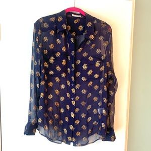 Equipment Femme Navy sheer long sleeve blouse gold floral print w pockets